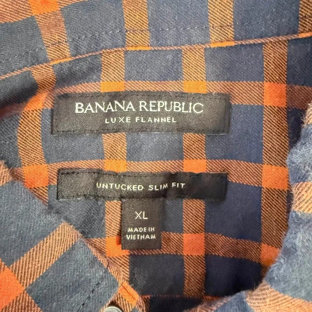 Banana Republic Mens XL Luxe Flannel Shirt Navy Orange Check Untucked Slim‎ Fit